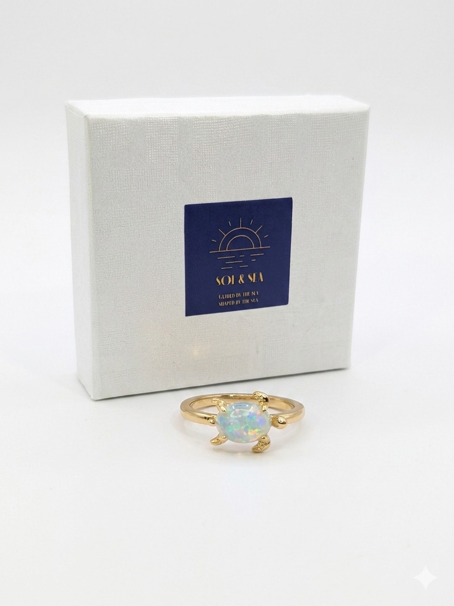Sol & Sea synthetic Opal 9Ct gold plated Turtle ring whishmical summer with box