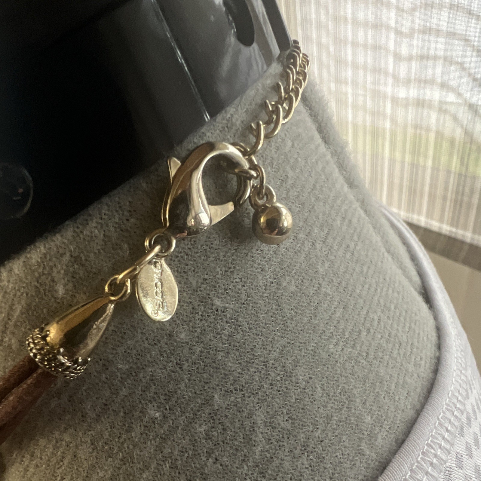 Chico’s Brown Faux Leather Cord Necklace, Silver Tone Asymmetrical Drop Pendant
