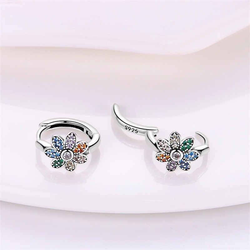 PANDACH Sterling Silver Tiny Colorful CZ Sunflower Hoop Earrings For Women Girls