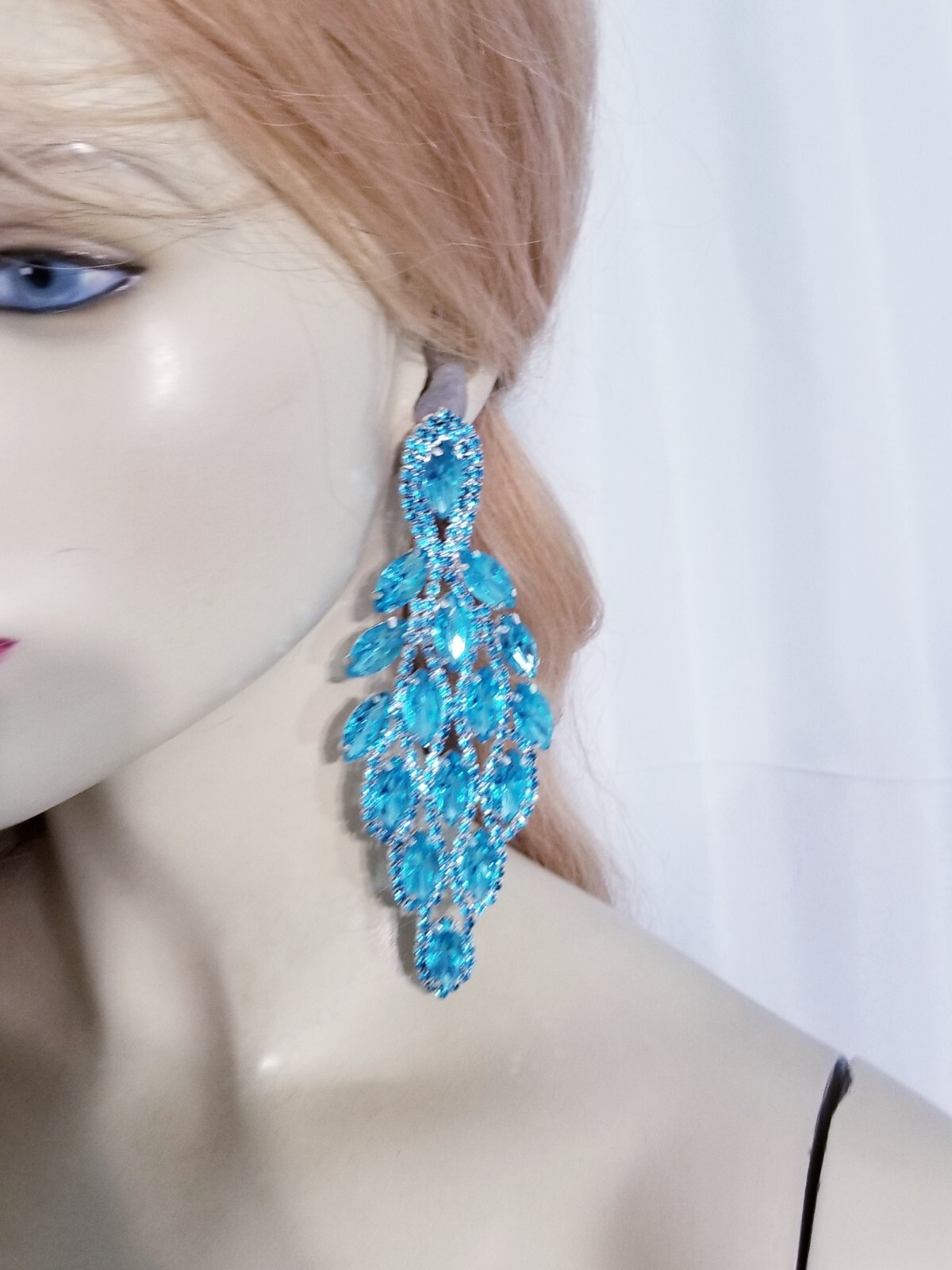 PIERCED Drop Dangle Chandelier Earrings 5.4 inch Aqua Rhinestone Pageant Prom