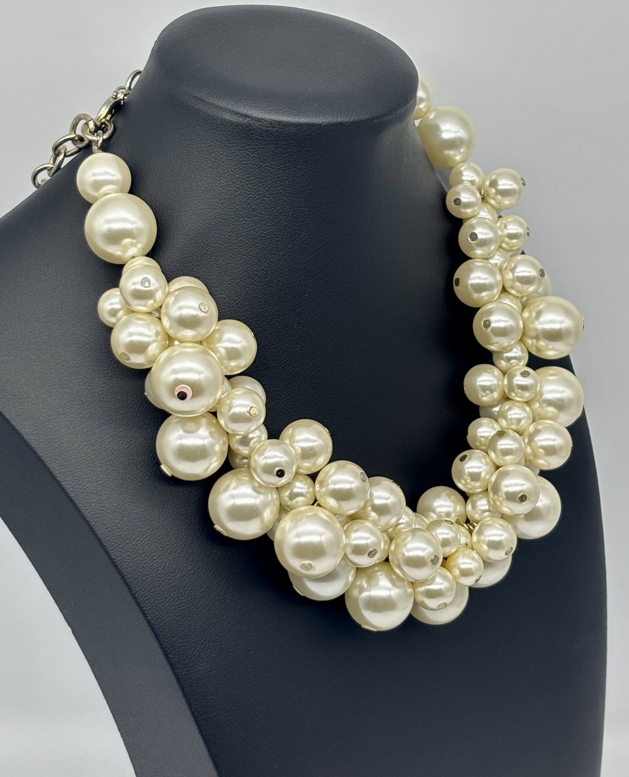Faux Pearls Cluster Statement Collar Necklace Cream Silver-Tone Adjustable Clasp
