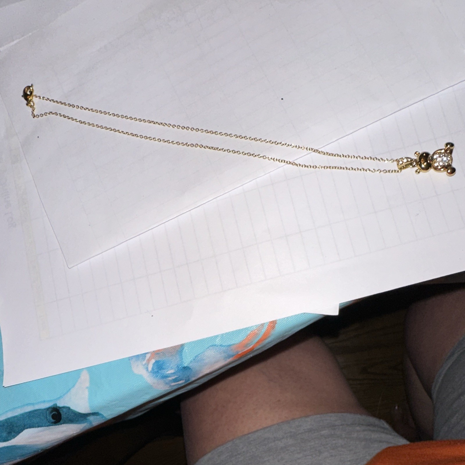 Gold Tone Teddy Bear Charm Pendant Necklace w/ White Crystal Belly, Cable Chain