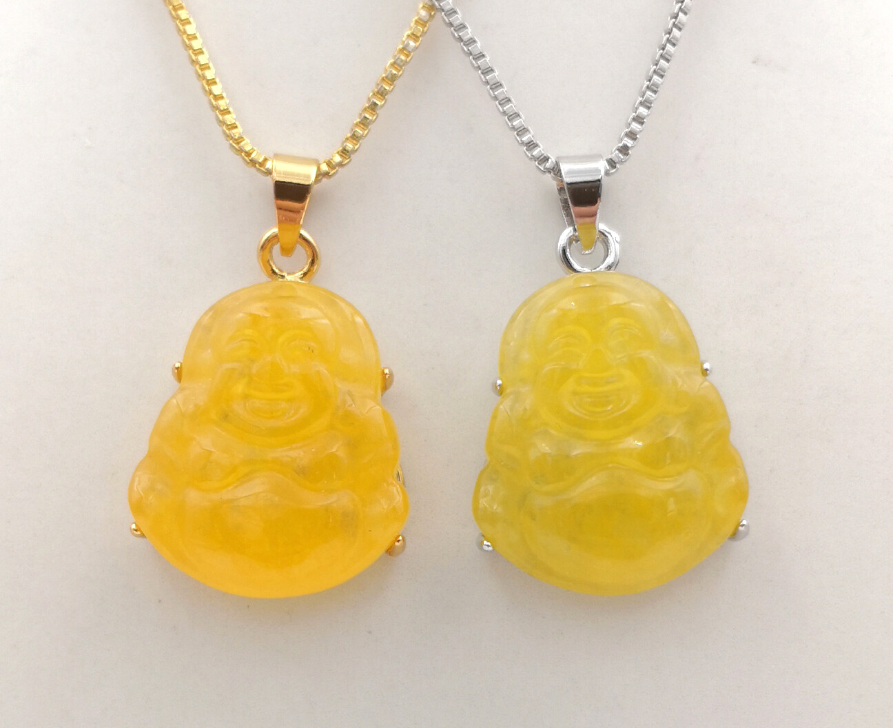 Green Multicolor Jade Laugh Maitreya Buddha 18KGP Lettering Pendant Necklace