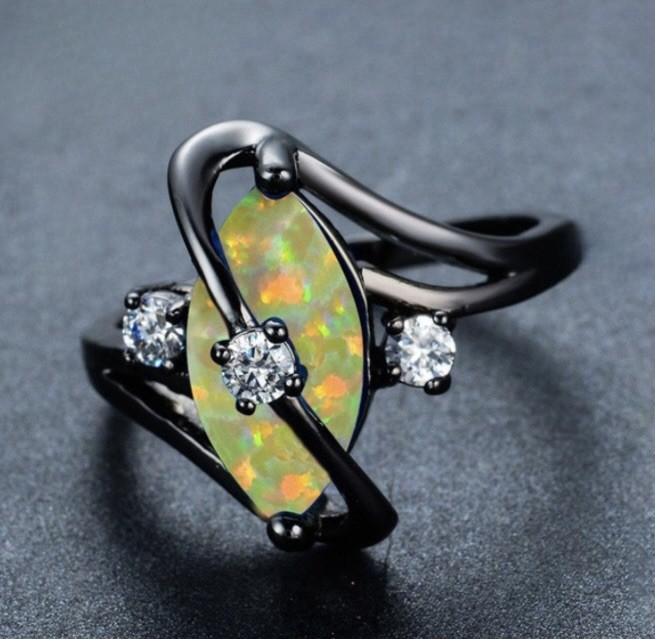 Gorgeous Unique Black Gold Filled Yellow Fire Opal CZ Marquise Ring Size 6