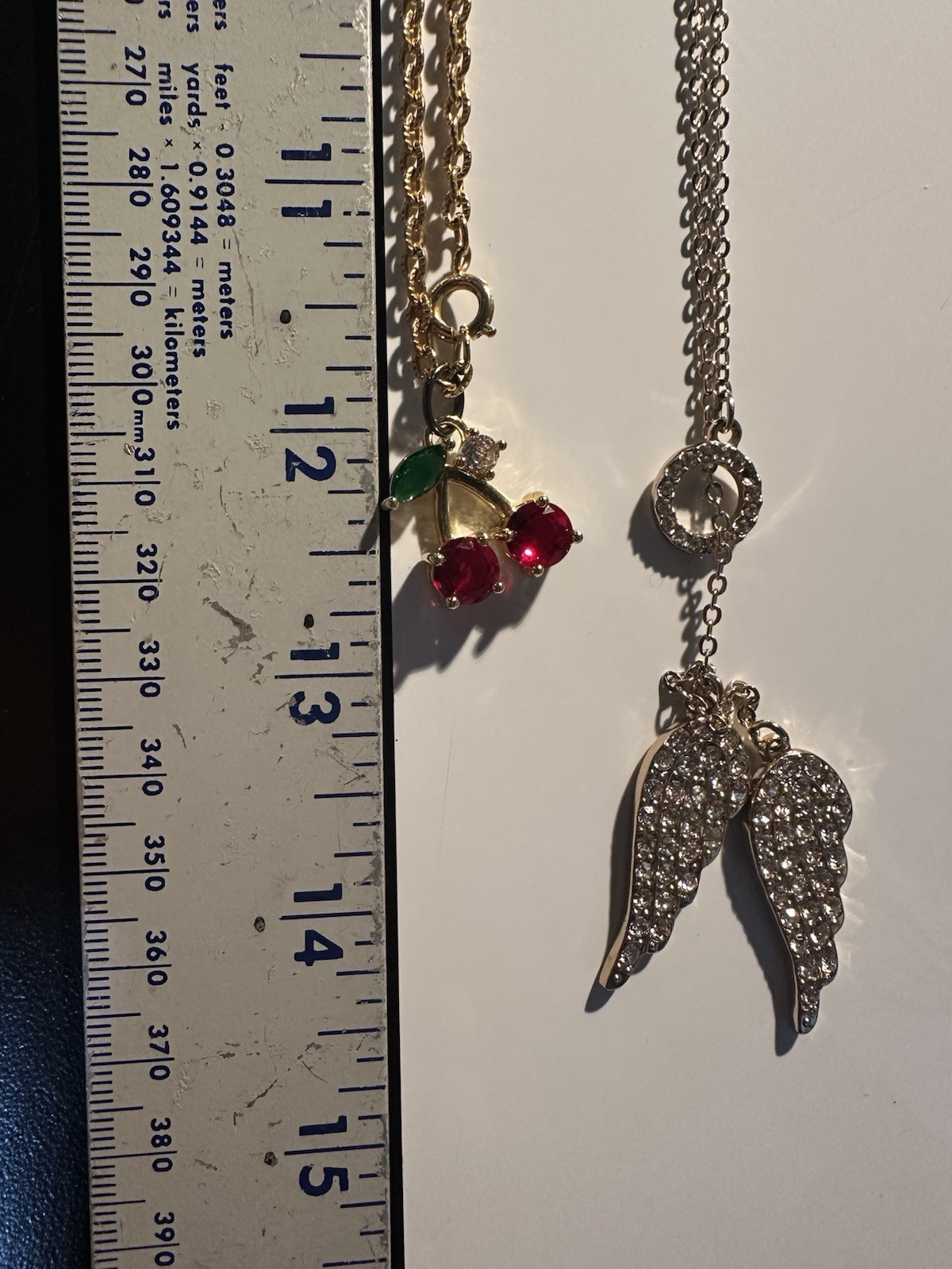 Lot of 2 Crystal Rhinestone Angel Wing Pendant Necklaces, Silver & Gold Tone