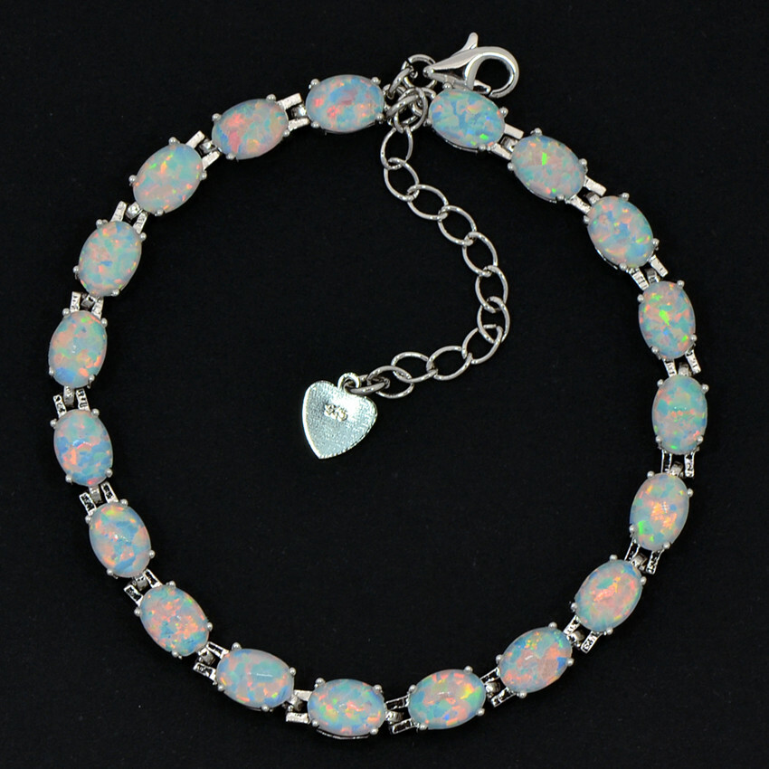 Vikoly Blue/White/Orange/Pink Oval 925 Sterling Sliver Fire Opal Bracelet 18cm