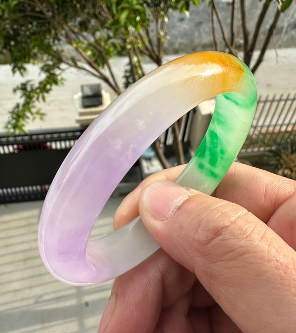 Natural Grade A Jadeite Bangle Tri-Color Green Lavender Yellow Burmese Jade 57mm