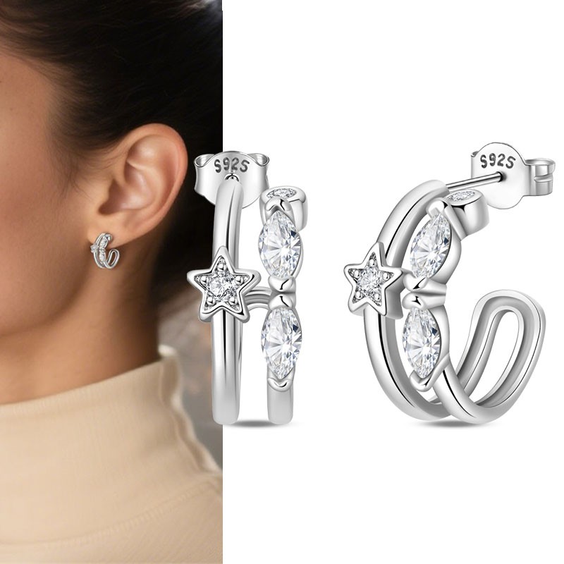 PANDACH 925 Sterling Silver Half-Circle Stud Earrings For Women Jewelry Gifts