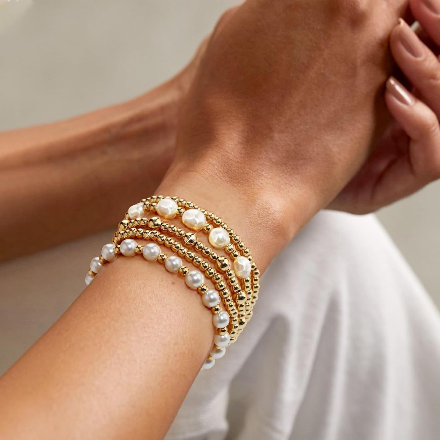 5 Pcs Gold Silver Beaded Bracelet Set Pearl Stretch Stackable Women