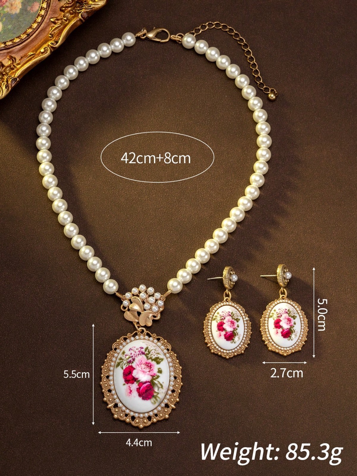 Vintage Floral Cameo Necklace Earrings Set Gold Pearl Rose Pendant Jewelry Gift