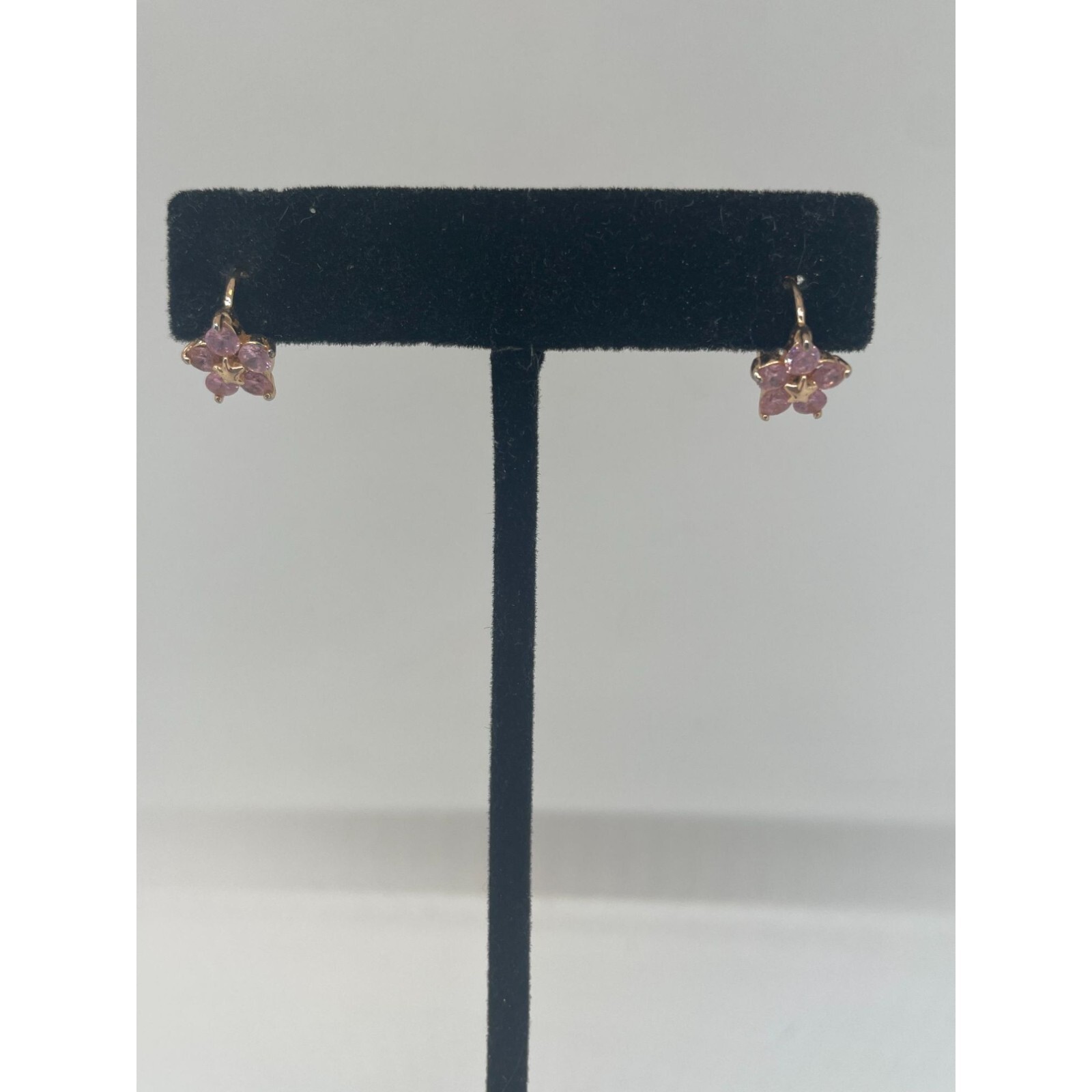Gold Tone and Pink Rhinestone Flower Hoop Huggie Earrings for Pierced Ears