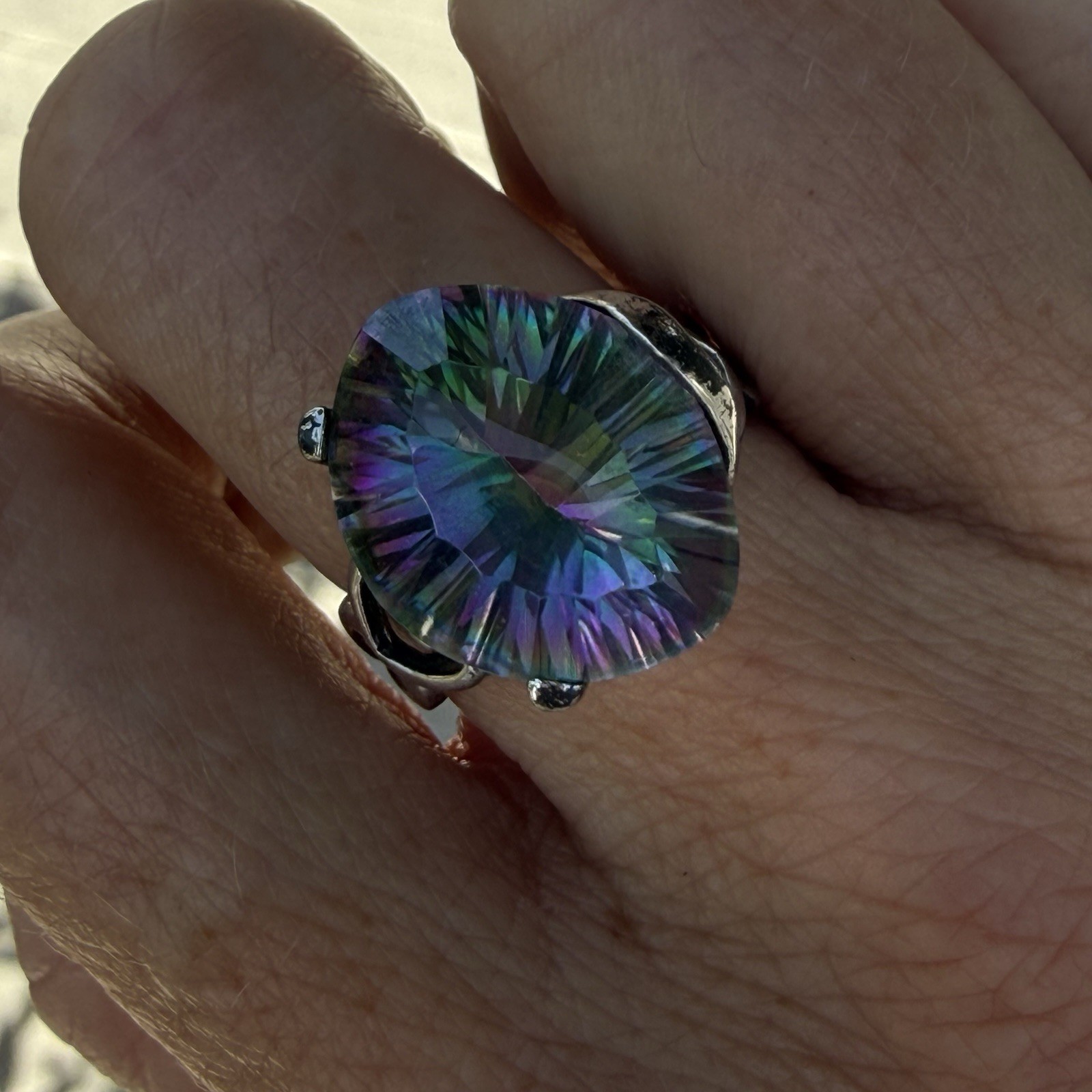 LUCCN Sterling Silver Floral Shank Large Oval Brilliant Mystic Topaz Ring Size 7