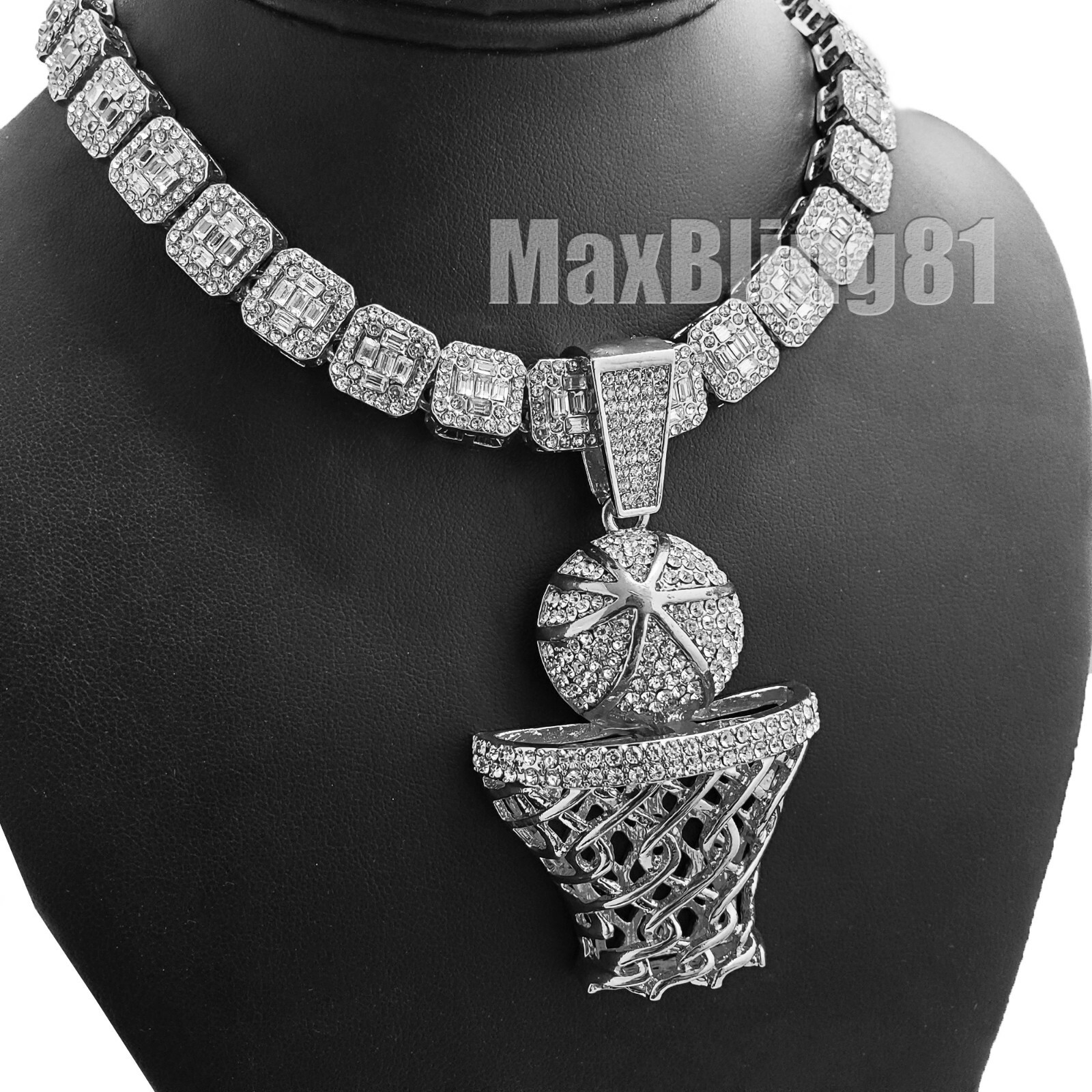 Basketball Rim Pendant 16″ 18″ Iced Choker Baguette Stone Chain Hip Hop Necklace