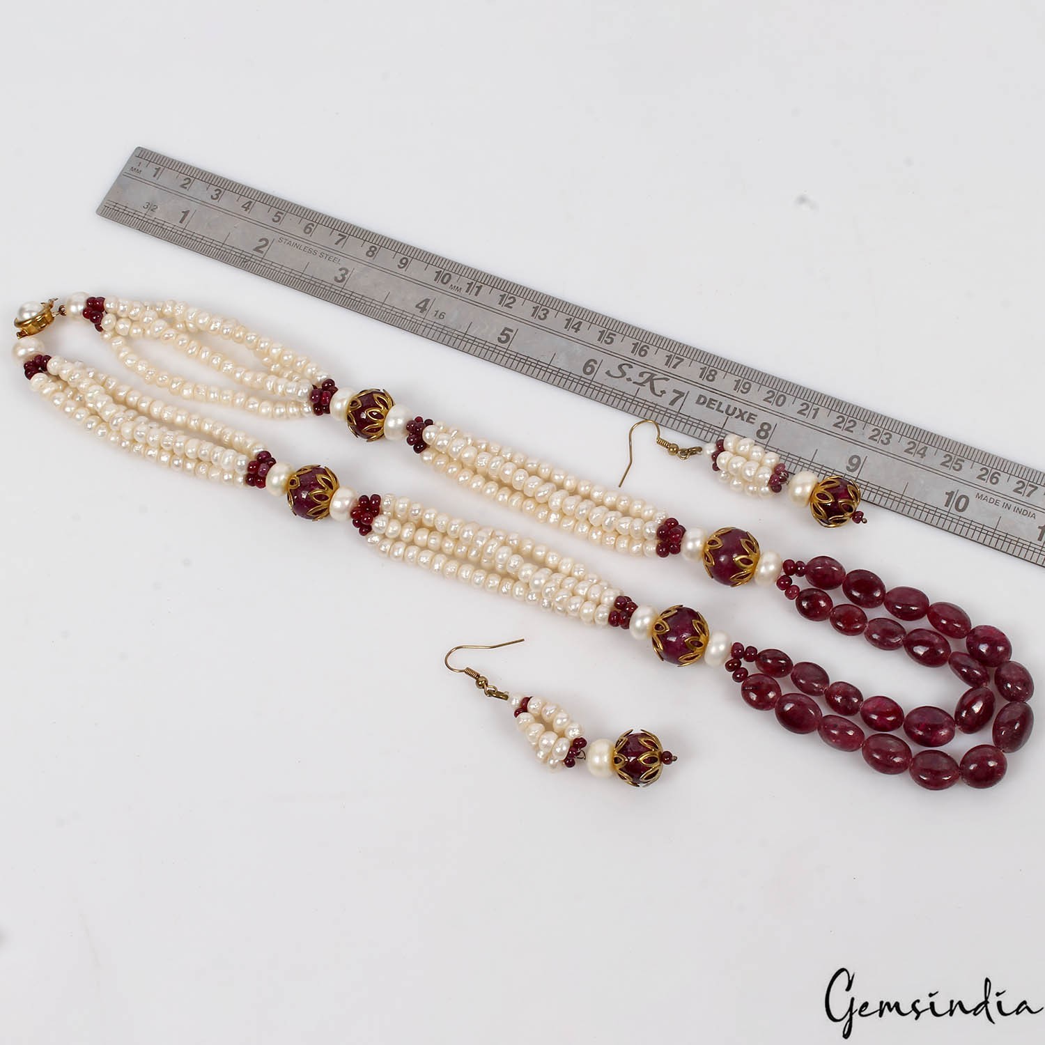 Handmade Natural Ruby Pearl Round Cabochon Gemstone Beaded Necklace Earrings~22″