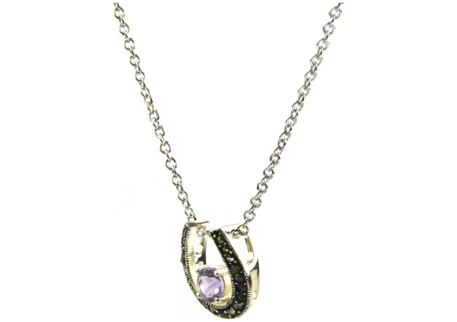 Women’s Genuine Amethyst and Marcasite Horseshoe Pendant and 21″ Necklace Set