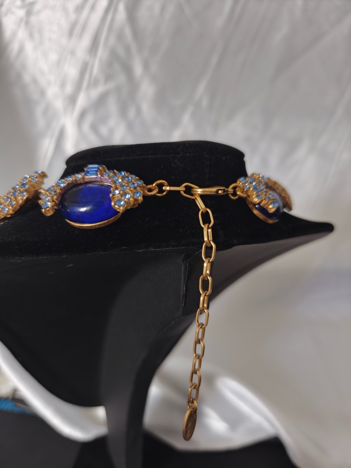 Vintage Style Blue Cabochon Statement Necklace, Gold Tone with Rhinestone Accent