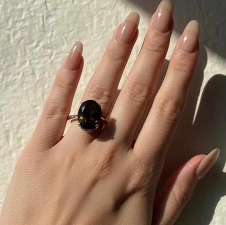 Smoky Quartz Ring, Brass Gold Alloy , Birthday Gift Her, Women Ring