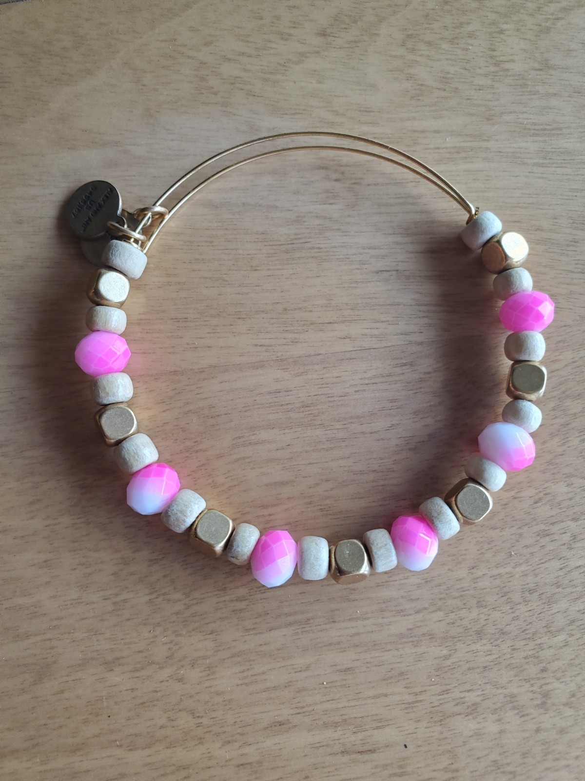 Gently Used Alex & Ani Pink , Gold, Wood Beaded Goldtone Bracelet