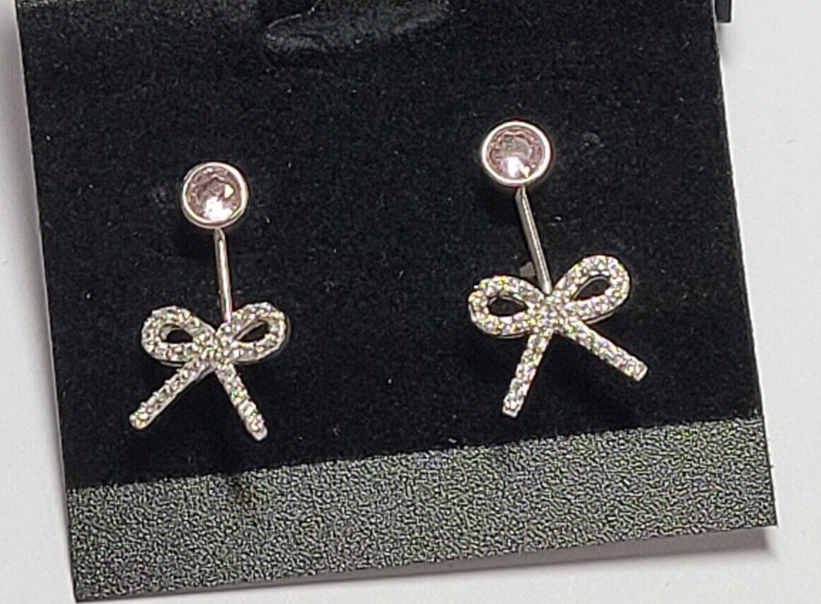 Bowtie Pink CZ Stud Earrings, 925 Silver, Rhodium Plated, CZ (STE00985)
