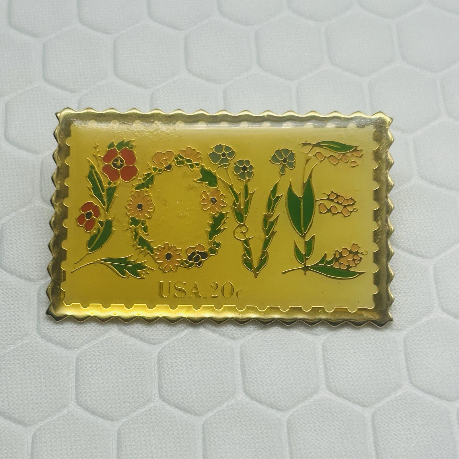 Vtg 1982 USPS Postage Stamp Pin Love Floral Gold Tone Junk Journaling Crafts