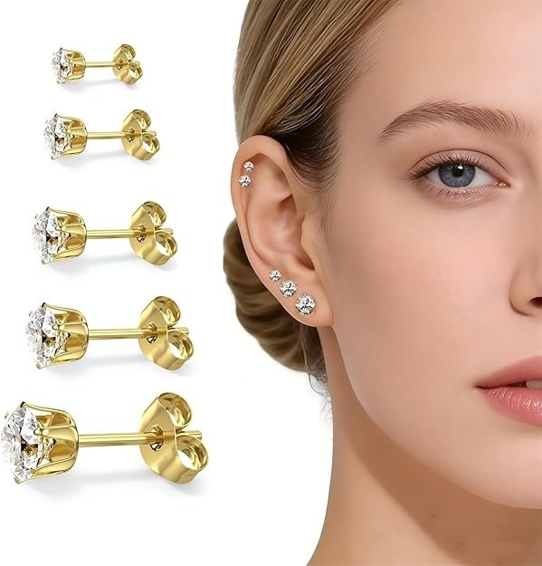 5 Pairs Stainless Steel Stud Earrings Set Silver 14K Gold Plated Stud Earrings 3