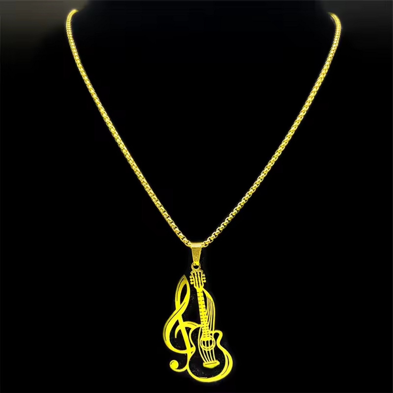 Guitar Necklace Gold PVD 316L Stainless Steel Music Bass Pendant Mens Womens