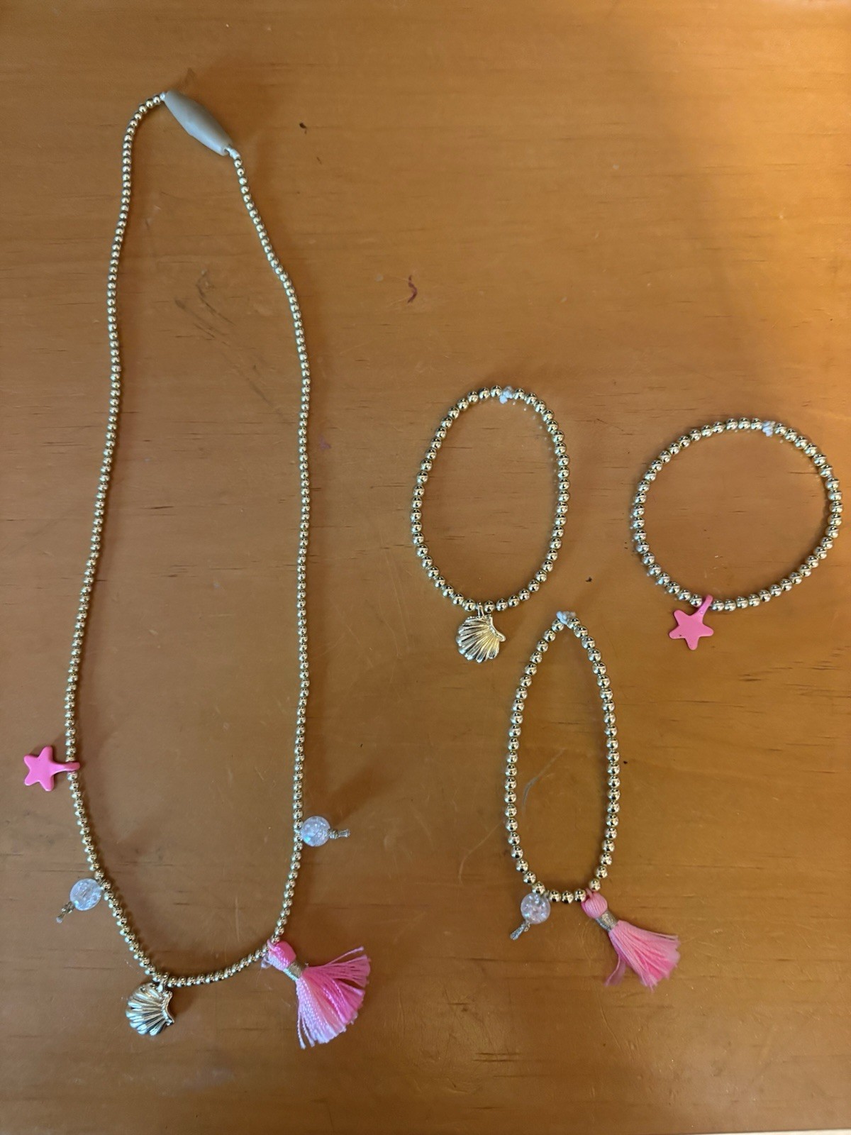 GOLD AND PINK COASTAL/SUMMER BEACH JEWELRY SET FOR GIRLS (necklace, 3 bracelets)