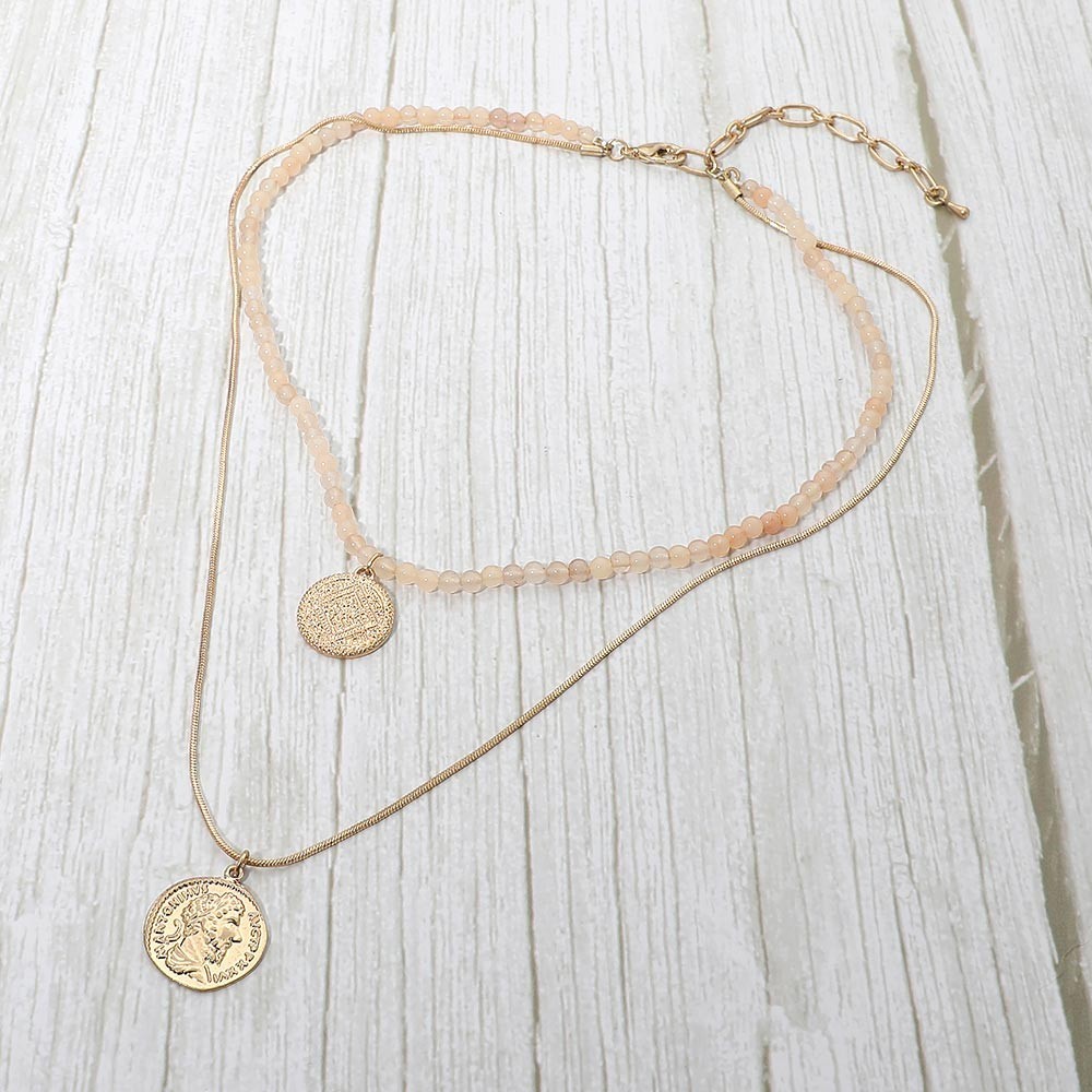 Layered Coin Pendant Beaded Necklace Gold Tone Double Strand Boho Jewelry Women