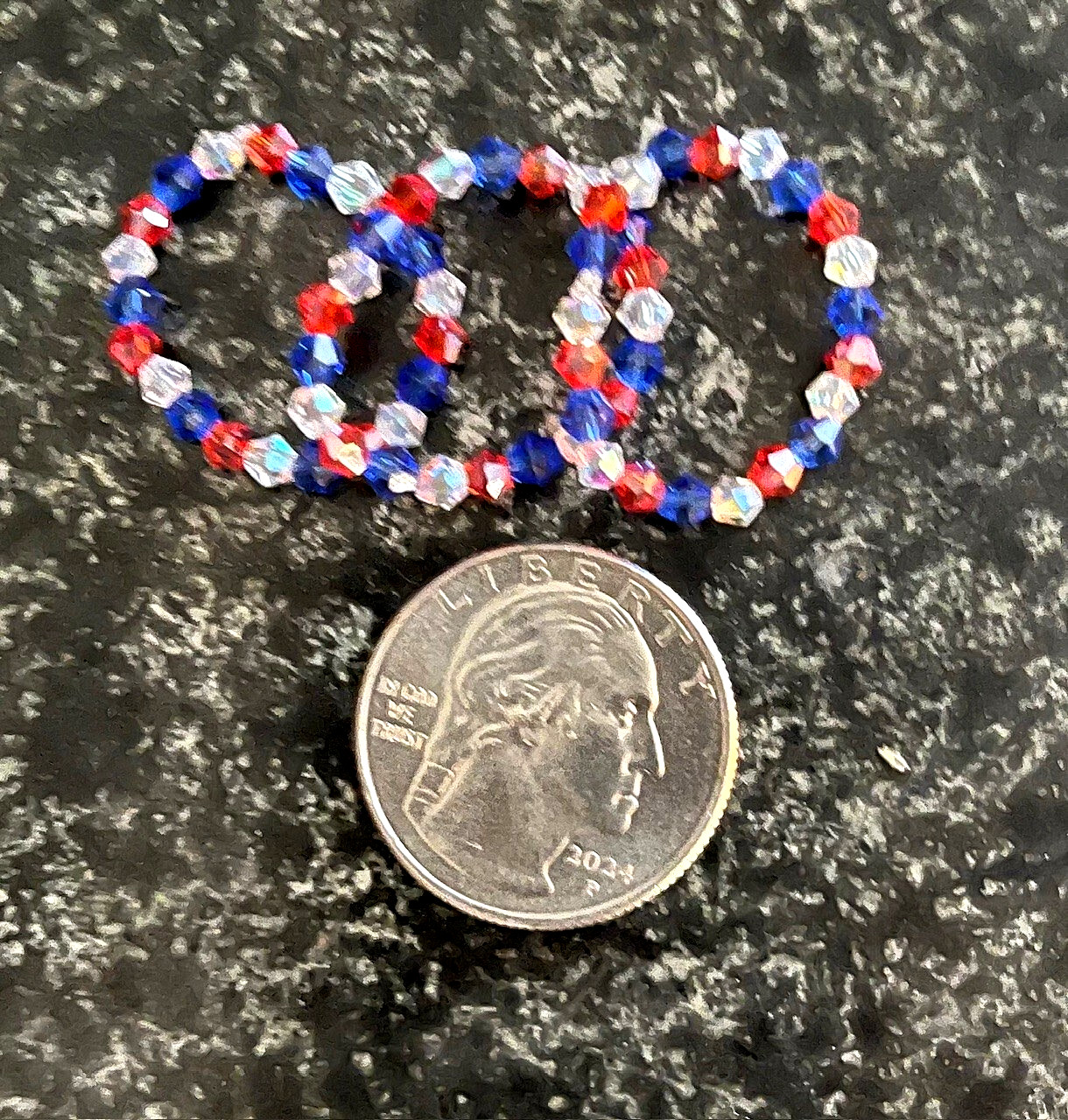 4th of July Patriotic Sparkly Glass Bead Stretch Rings Set of 3 Red White & Blue