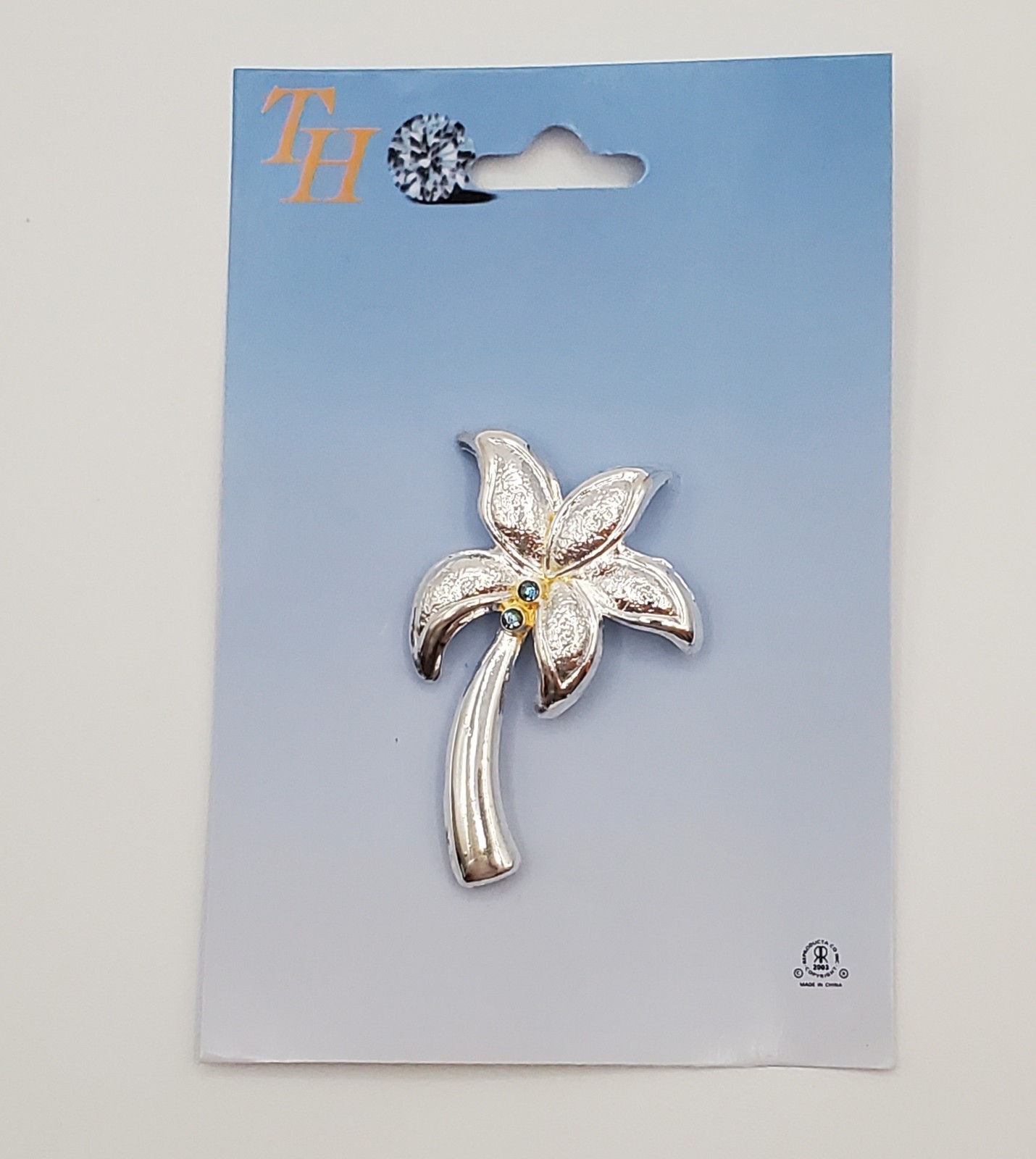 Flower Brooch 2in Silver Tone Blue Crystal Palm Lilly Estate Pin NOS Branded TH
