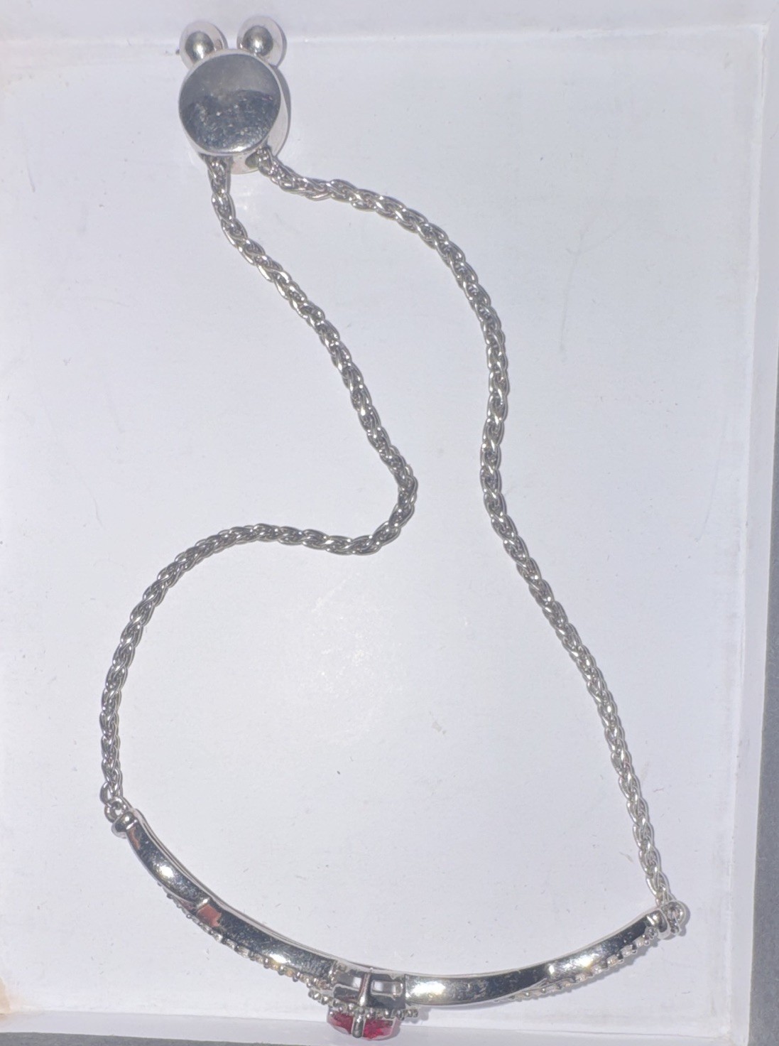 Kay Jewlers Silver-Tone Rope Chain Bracelet Slide Closure Red Heart Crystal