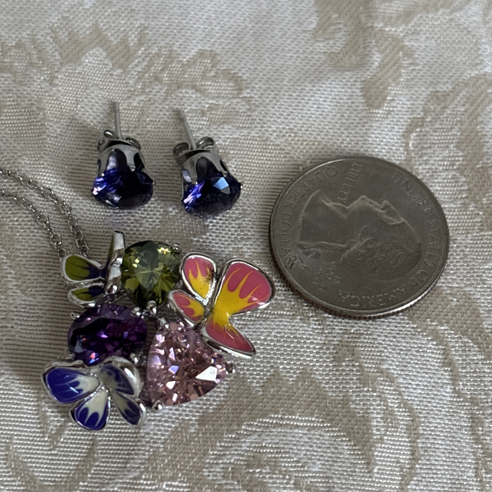 Park Lane Fairytale Pendant 16-18” Silver Tone Purple Pink Green Butterfly & Bns