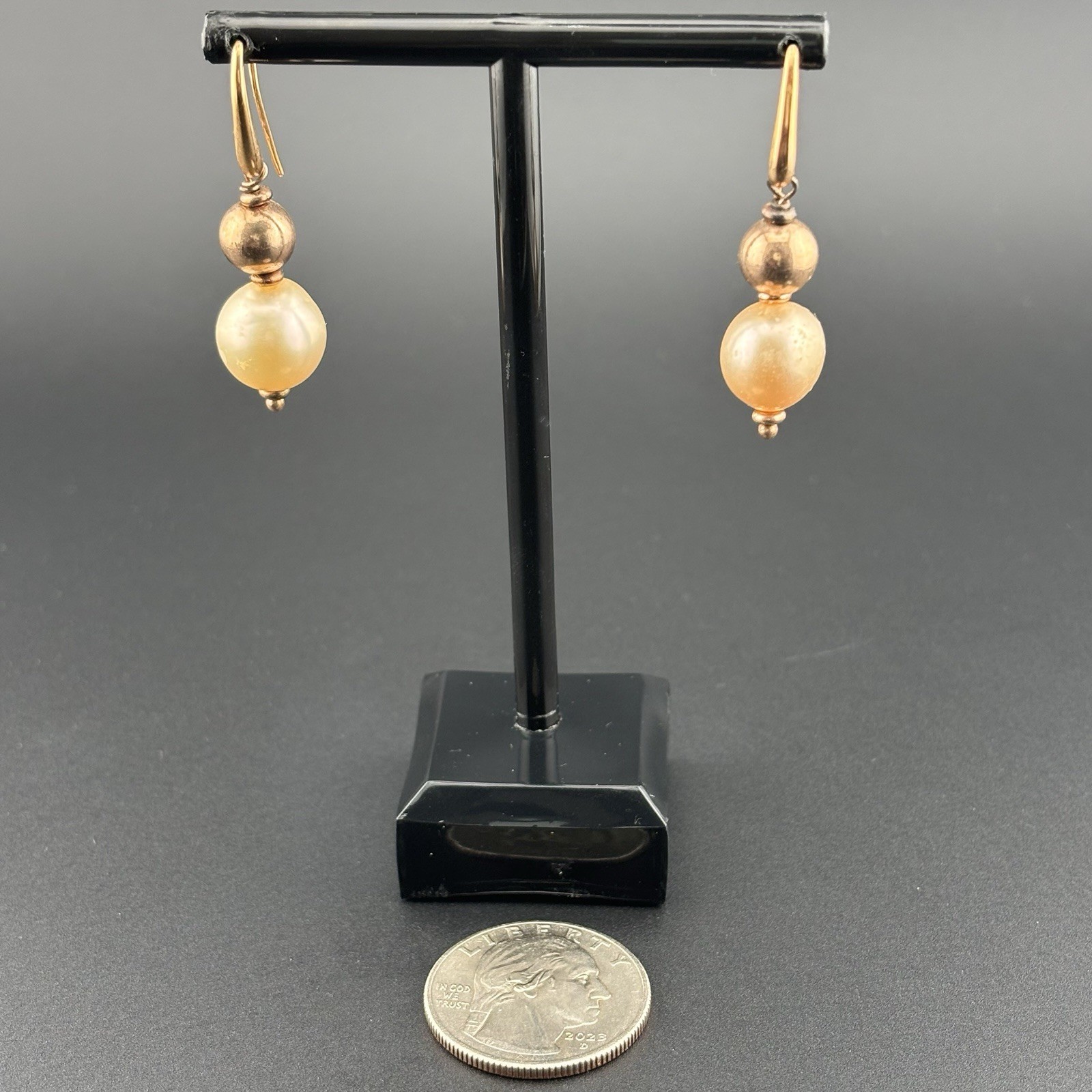 925 Sterling Silver Italy Cultured Freshwater Pearl Drop Earrings Gold Tone 7g