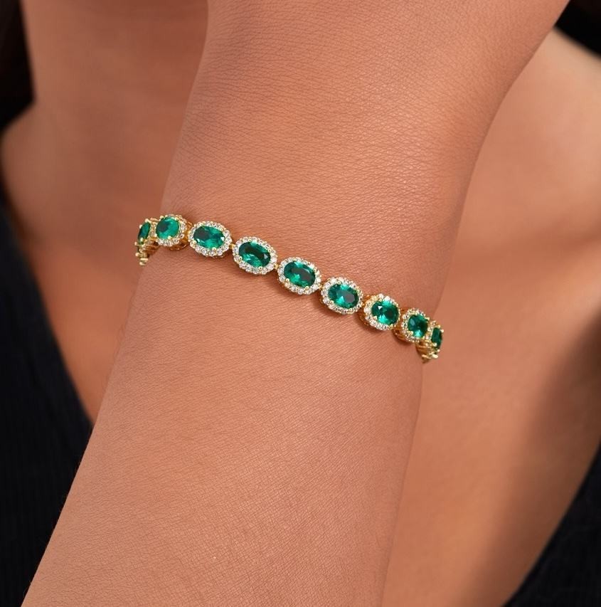 925 Silver Emerald Green Oval Halo Tennis Bracelet Crystal Link Bracelet Women