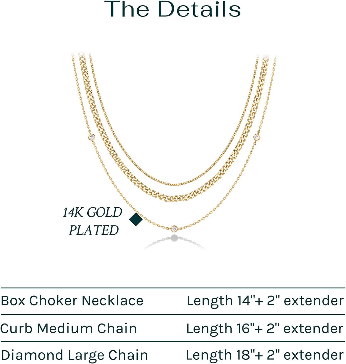 14K Gold Plated Dainty Layering Necklaces for Women | Snake Chain, Curb Link, Pa