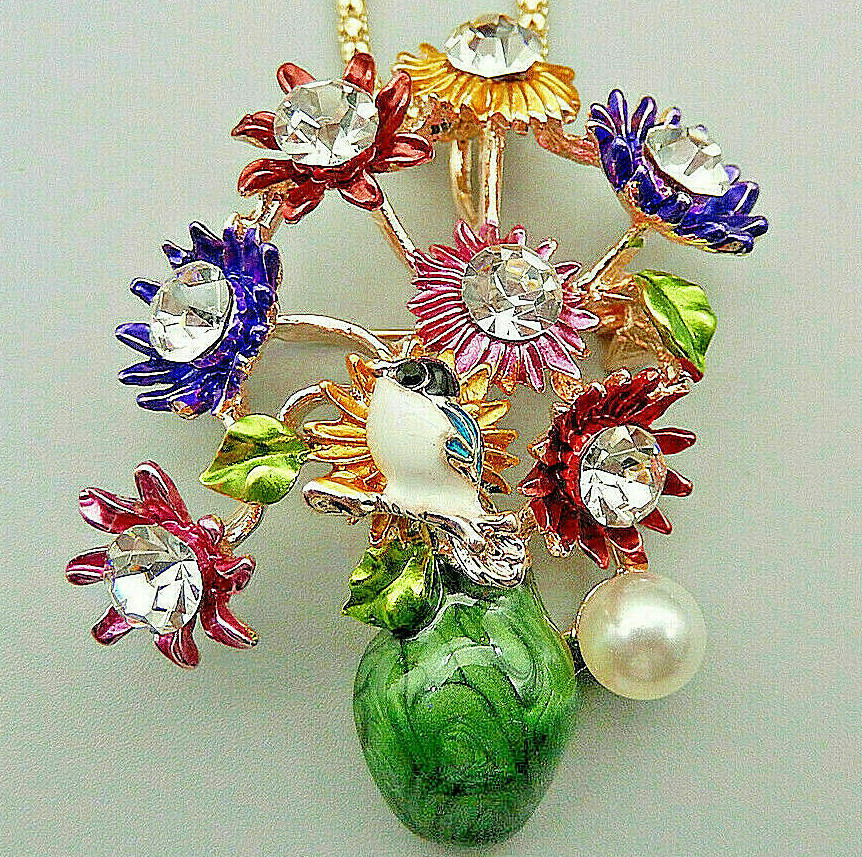 Summer Time RAINBOW Flowers VASE Bouquet BIRD Rhinestone Necklace Pendant Brooch