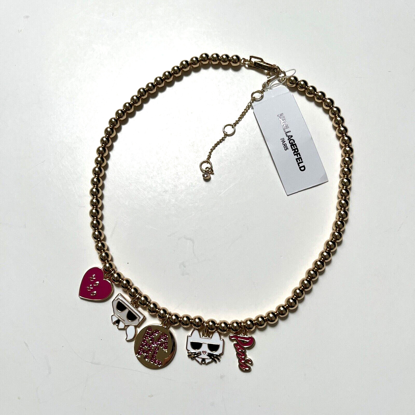 New KARL LAGERFELD Paris Charm Fashion Necklace Choupette Cat Pink Rhinestone
