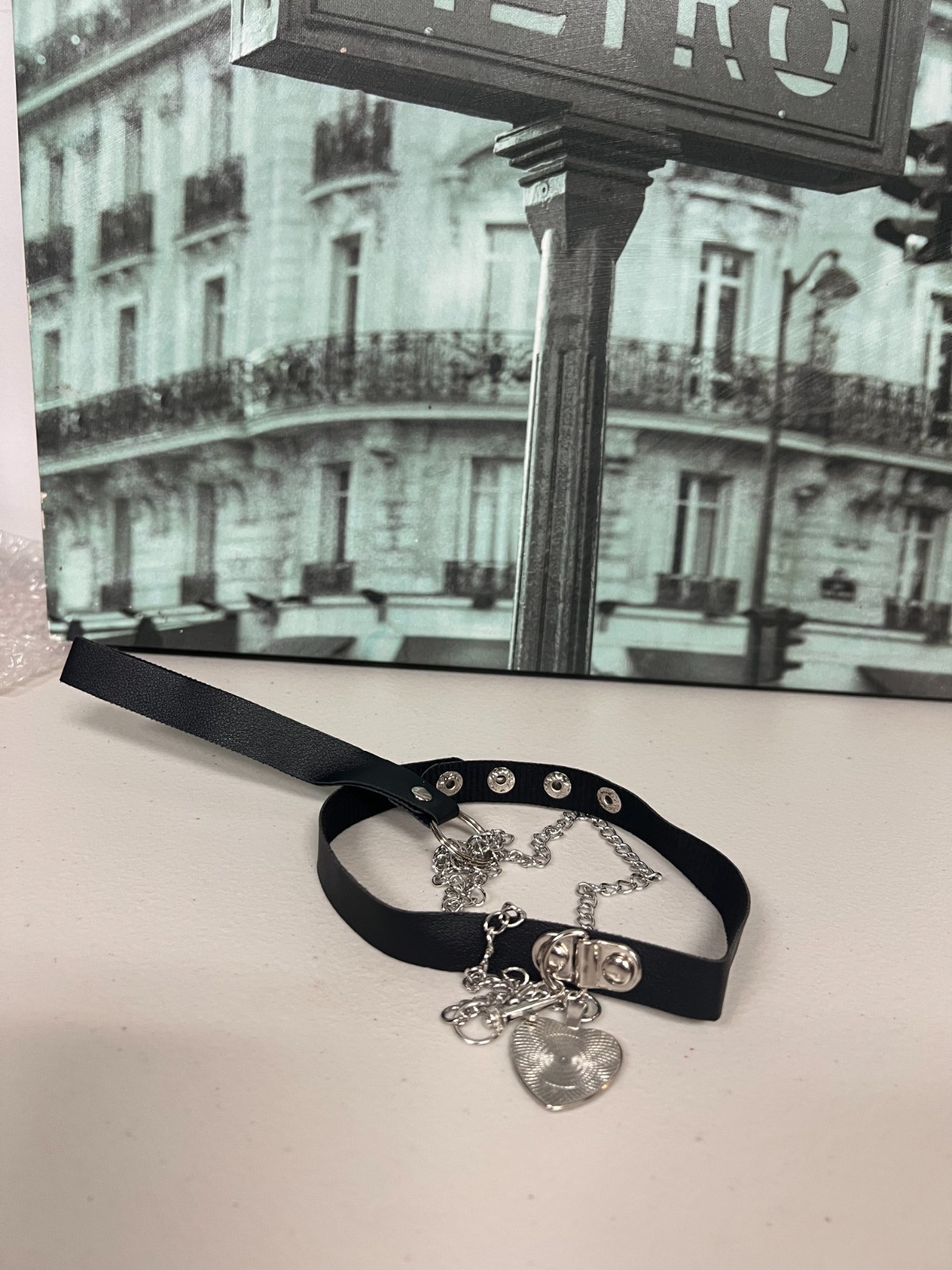Gothic Faux Leather Choker Set Detachable Chain Leash Bell
