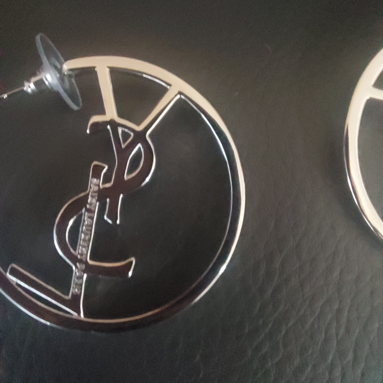 Auth. YVES SAINT LAURENT YSL LOGO Large HOOP EARRINGS Silver Tone