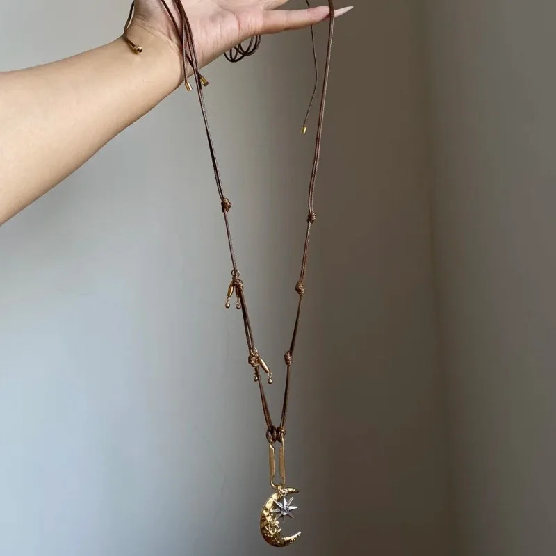 Vintage Gold Color Moon Star Pendant Necklace for Women Brown Leather Cord Adjus