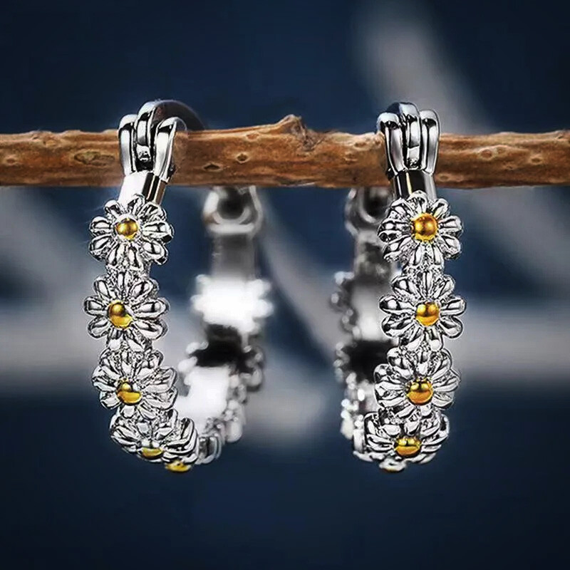 Womens Flower Sterling Silver 925 Gold Hoop Earrings Beauty Fashion Jewelry