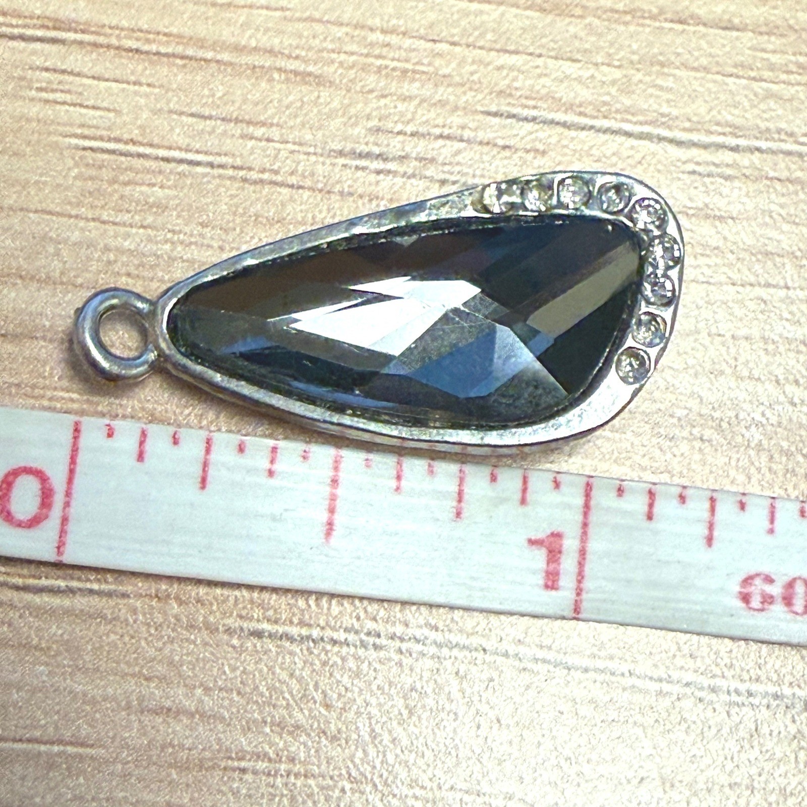 Silver Tone Smoky Grey Faceted Glass Teardrop Pendant Rhinestone Accent 1.25″