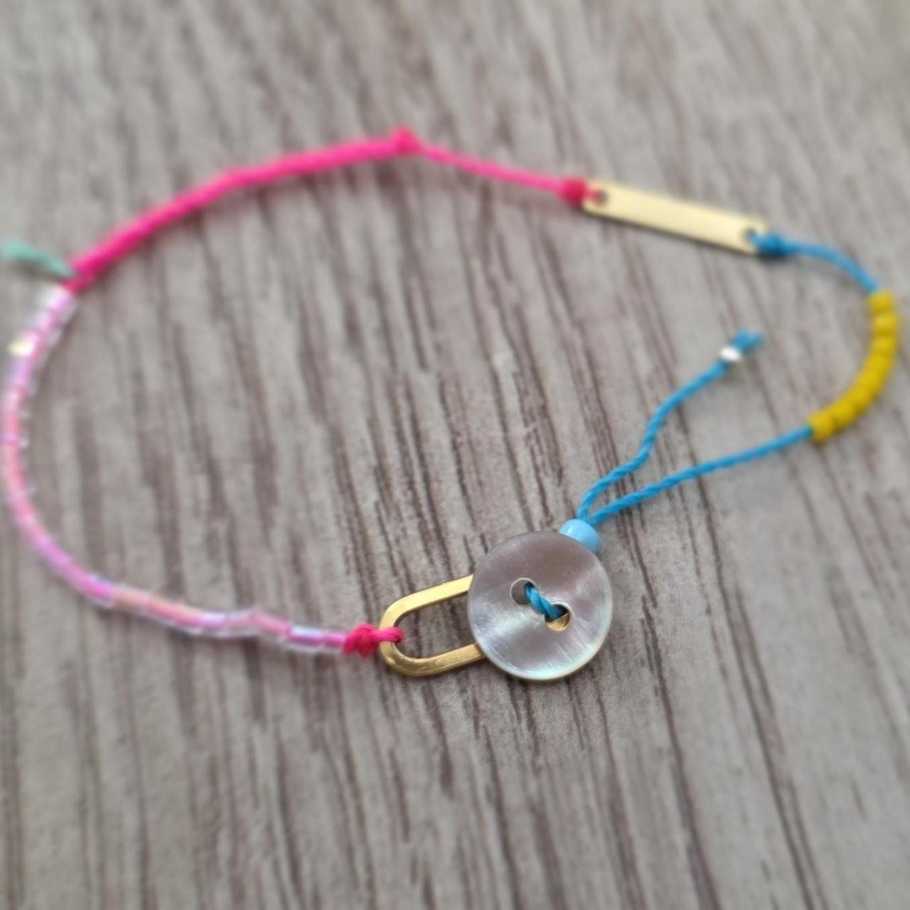Tiny Adjustable Beaded Woven Bracelet Mother of Pearl Button Chan Luu Inspired