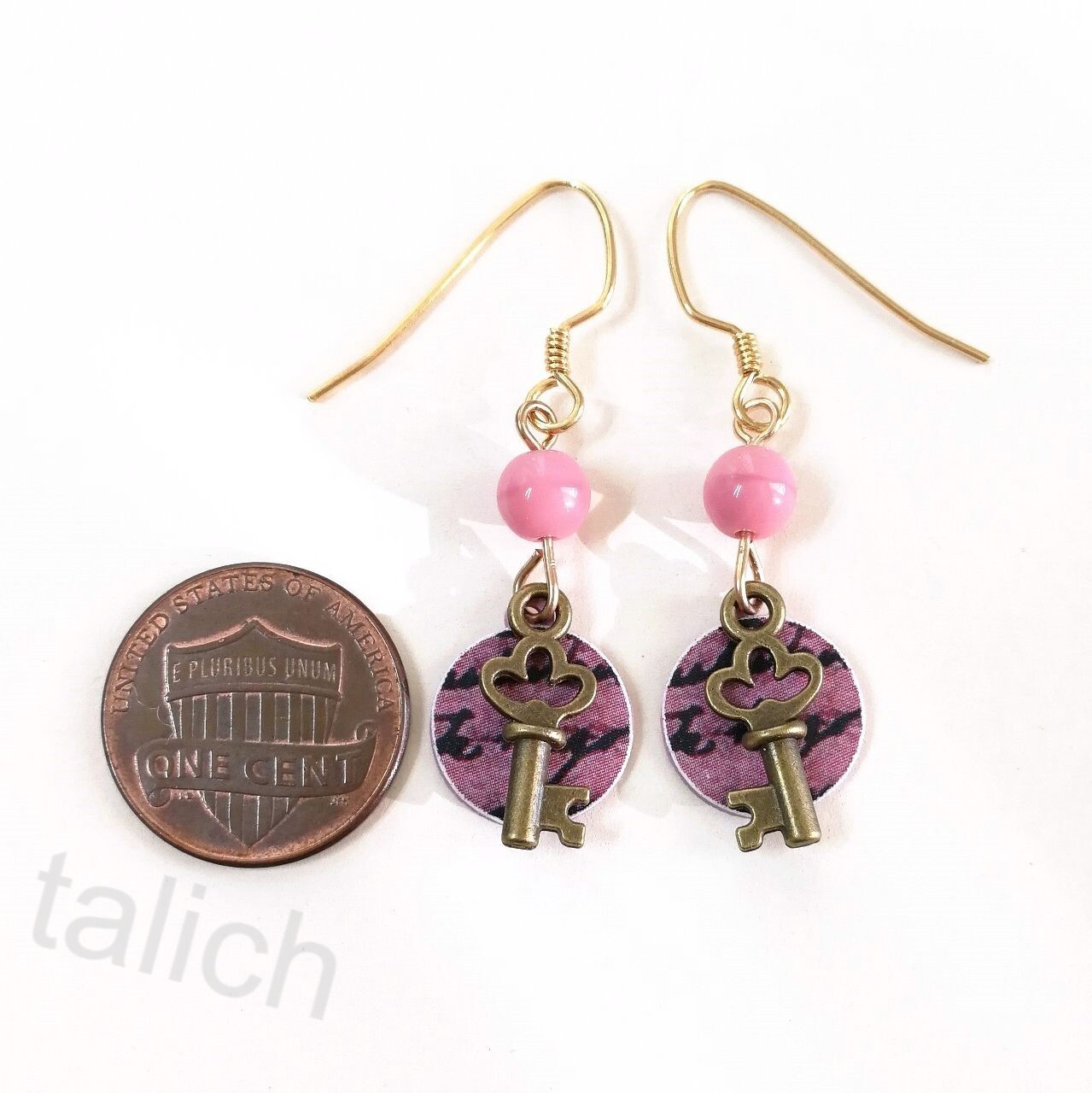 Lemon Tree Earrings Small Script Print Disc with Brass Key Charm Handmade Unique