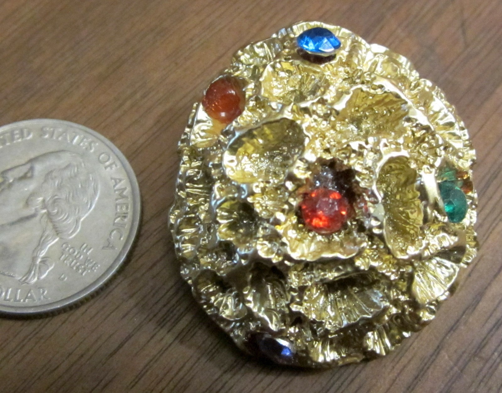 Purple Red Green Blue Rhinestone Gold Clad Coral Type Medallion Lapel Pin Brooch