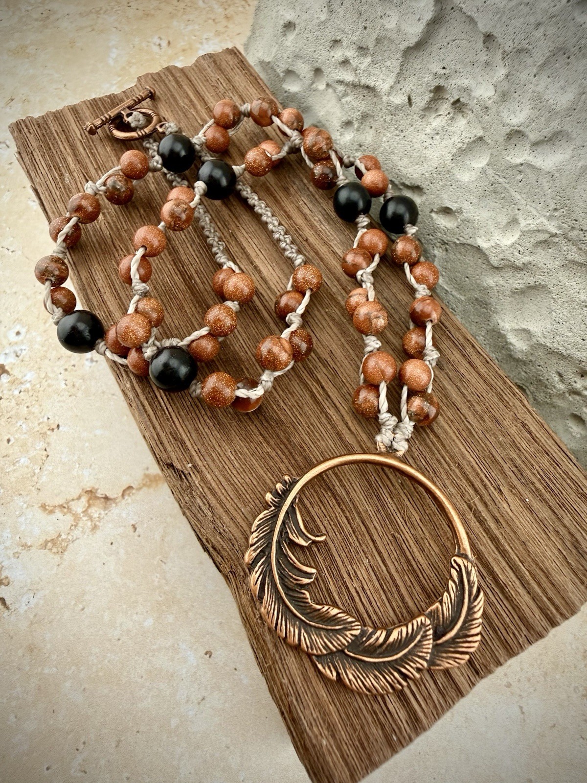 Copper Feather Pendant Necklace, Red Goldstone Crystal Ebony Wood. USA Artisan