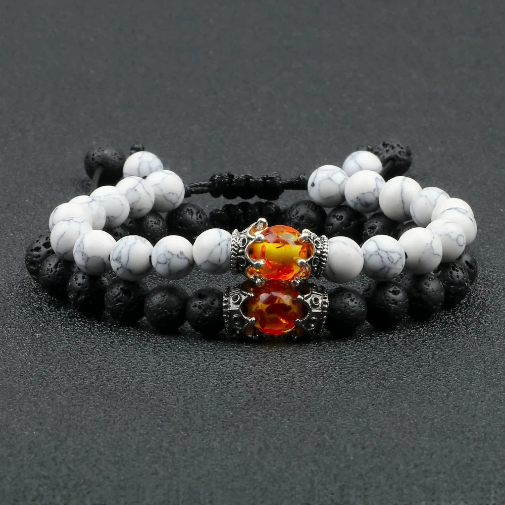 Handmade Adjustable Braided Bracelet Black Lava Stone Crown Tiger Eye Beads