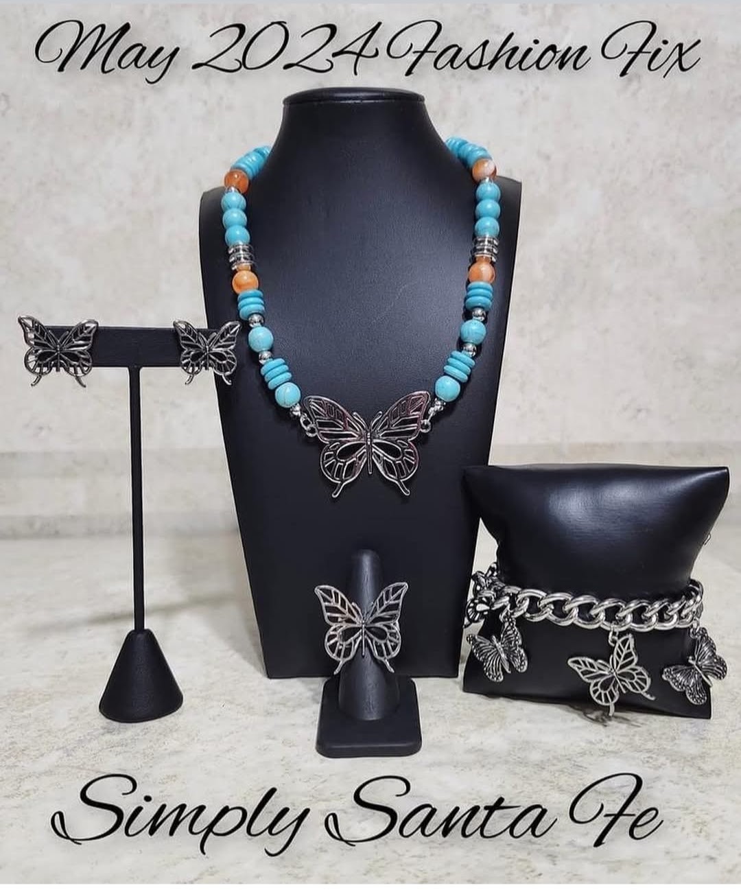 Rose Gold Plated Beaded Jewelry Set Butterfly Necklace Bracelet Earrings Ring