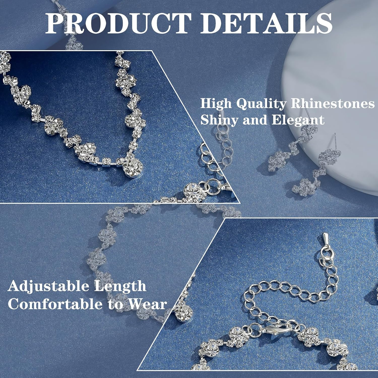 3PCS Silver Wedding Jewelry Set for Women Brides Rhinestone Necklace Earrings Br