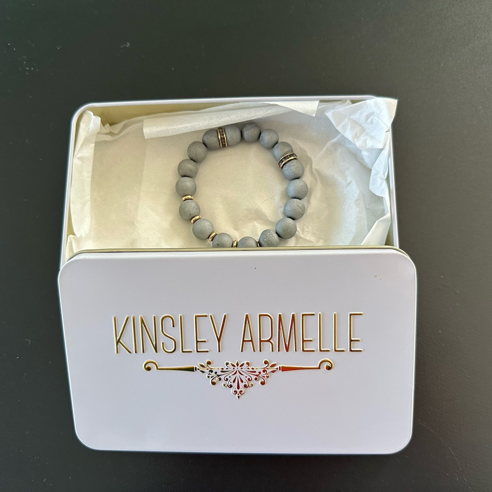 Kinsley Armelle Bracelet Size S/M Natural Stone Charm Stretch w/Branded Tin